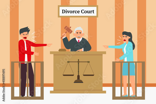 Married couple arguing at the divorce court and shouting to each other