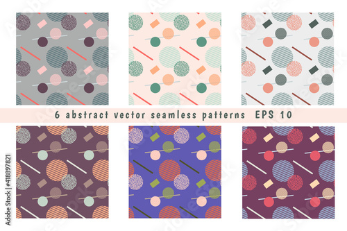 Set of six abstract vector seamless pattern with geometric elements (circles, rectangles) in pastel and bright colors. Three light, three dark backgrounds. For paper, textile,fabrics and more