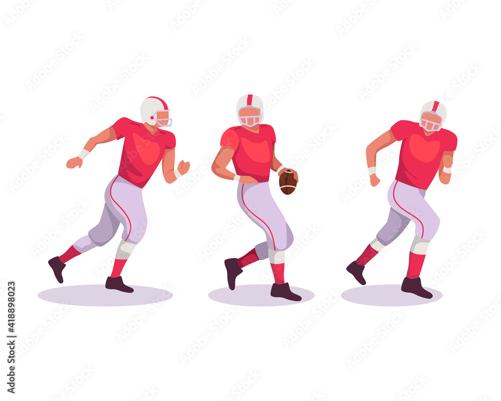 American football players illustration. American football sportsman player with ball on isolated background. Football player with a red uniform on action. Vector illustration in a flat style