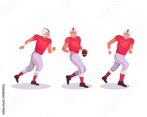 American football players illustration. American football sportsman player with ball on isolated background. Football player with a red uniform on action. Vector illustration in a flat style