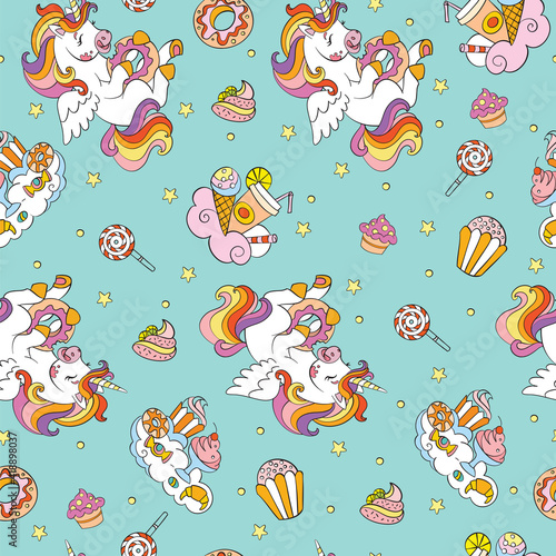Magic seamless pattern with cute unicorns and sweets