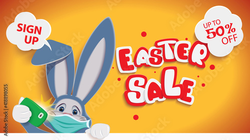 Easter Bunny with face protective mask taking selfie next to textual signboard,Easter sale web banner,coronavirus danger and public health risk disease concept