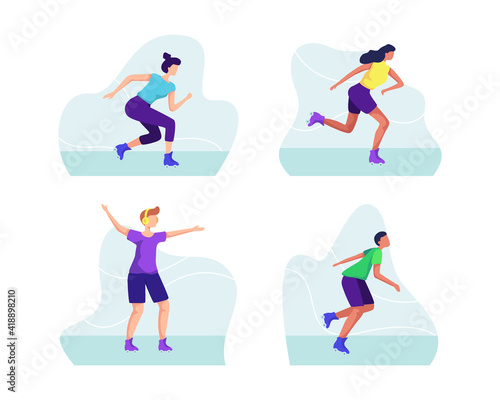 Man and woman on roller skates riding. Group of rollerblades illustration, Playing roller skates outdoors. People on rollerblades, Urban activity vector. Vector illustration in a flat style
