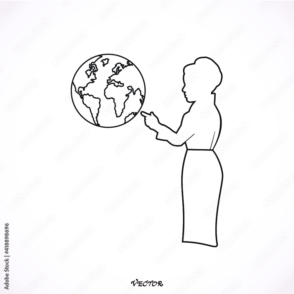 Fototapeta premium Portrait of beautiful casual woman pointing at globe against white background 