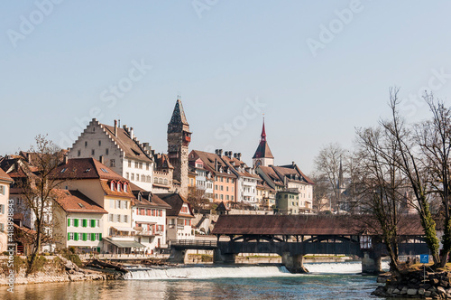 Bremgarten, Altstadt, Reuss, Reussbrücke, Muri-Amthof, Holzbrücke, Altstadthäuser, Spittelturm, Reusskraftwerk, Fluss, Aargau, Frühling, Schweiz