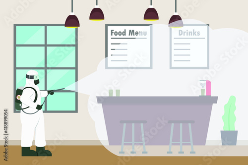 Disinfectant vector concept: Young man spraying disinfectant to restaurant while wearing protective suit