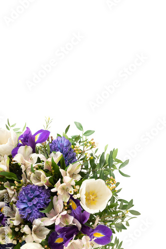 Wallpaper Mural Border with purple and white spring flowers isolated on a white background. Beautiful floral composition. Vertical format. Copy space, top view, flat lay. Torontodigital.ca
