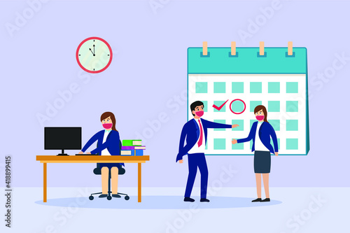 Business team wearing face mask while discussing together and looking at a calendar. Business plan vector concept