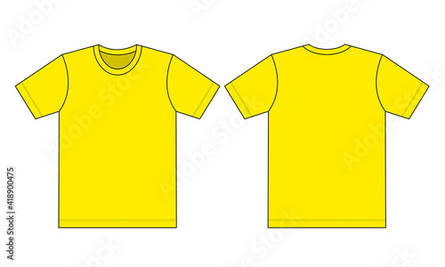 Flat Blank Yellow T-Shirt Vector for Template.Front And Back View.