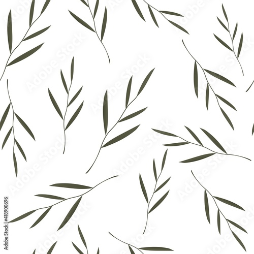 Seamless plant branch with leaves background. Modern  nature elements vector illustration on a white background. Trendy botanical design for fabric or wallpaper. Scandinavian illustration.