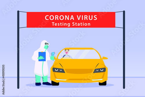 Doctor wearing hazmat suit and checking a driver temperature in the car to check corona virus symptom