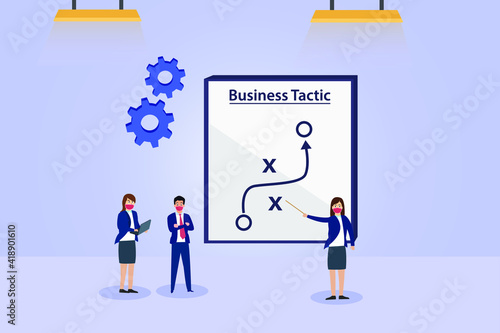 Business vector concept: Young businesswoman showing business tactic to her teamwork while wearing face mask