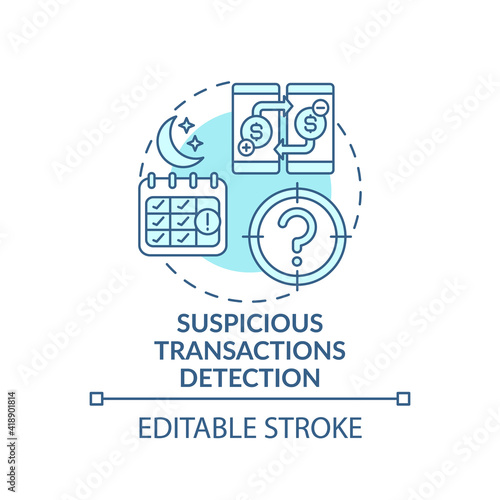Suspicious transactions detection concept icon. Terrorist financing idea thin line illustration. Money laundering crimes. Vector isolated outline RGB color drawing. Editable stroke