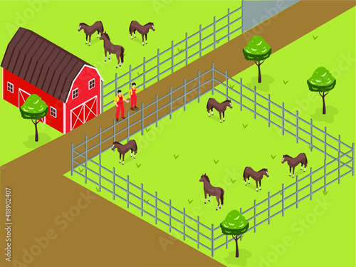 Farmers looking at the horses in the shed at the farm. Livestock isometric vector concept