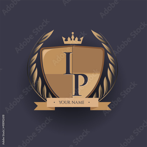 initial letter IP logotype colored brown and gold isolated with shield, crown and laurel design, logo for college and sport club.