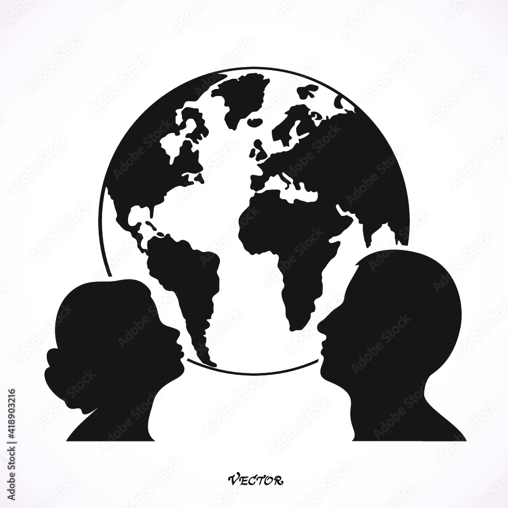 Black silhouette man and woman in front of world, communication concept. Flat style. Black silhouette man and woman in front of world, communication concept. Flat style.