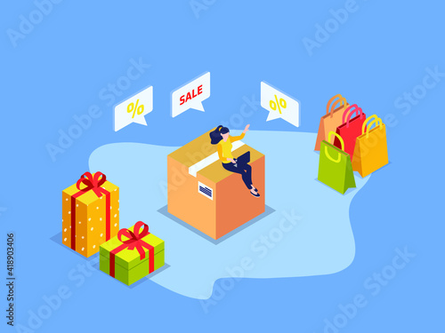 Woman shopping online special gift during online sale on website or mobile phone apps. isometric vector concept