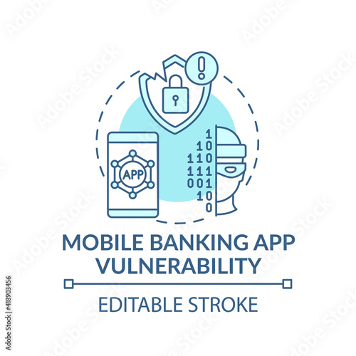 Mobile banking app vulnerability concept icon. Threats idea thin line illustration. Faults in application code. Security weaknesses. Vector isolated outline RGB color drawing. Editable stroke