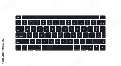 Keyboard of computer, laptop. Modern key buttons for pc. Black keyboard isolated on white background. Icons of control, enter, qwerty, alphabet, numbers, shift, escape. Realistic mockup. Vector