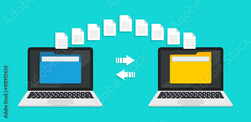 Transfer file of data between laptop. Transmission of document between computer. Backup of information on pc system. Exchange of file on folder in laptop. Send of document in internet. Vector