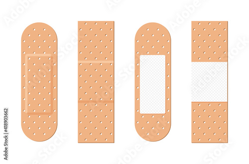 Medical plaster. Adhesive bandage for aid of wound. Icons of breathable bandaids. Bands isolated on white background. Medicine plaster strips for first aid, pain, pharmacy, accident, surgery. Vector