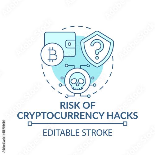 Risk of cryptocurrency hacks concept icon. Earning bitcoin idea thin line illustration. Hacks and data breaches. Theft and scammers. Vector isolated outline RGB color drawing. Editable stroke