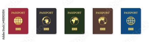 Passport cover. Leather cover of passport citizen. Template of biometric international document with chip. Golden globe on red and blue background. Icon for travel, citizenship, immigration. Vector.