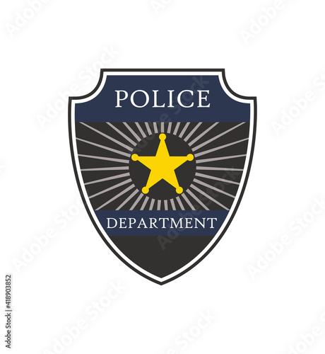 Police badge. Shield of cop department. Badge of officer police. emblem of sheriff. Symbol of security, law, protect, detective, patrol and policeman. Label and logo for uniform. Vector