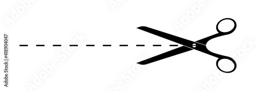 Scissor icon with line of cut. Mark of scissors cut paper coupon. Symbol of sewing, tailor and cutoff. Black graphic icon for sale, discount and work of hairdresser. Simple label and banner. Vector