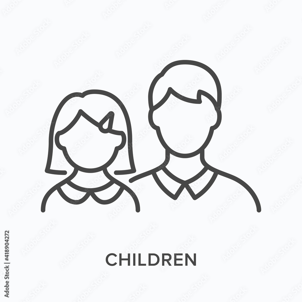 Children flat line icon. Vector outline illustration of youth boy and girl . Black thin linear pictogram for childhood