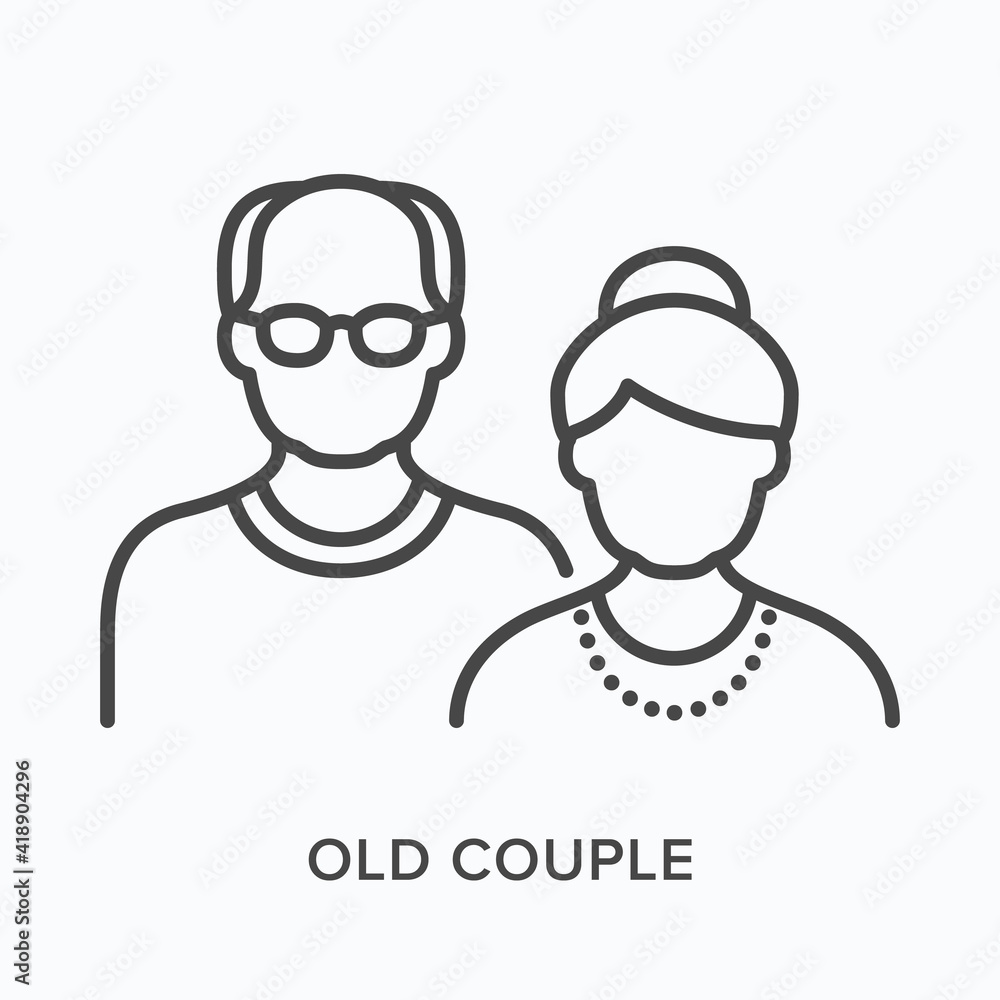 Old couple flat line icon. Vector outline illustration of grandfather and grandmother. Black thin linear pictogram for senior people - obrazy, fototapety, plakaty 