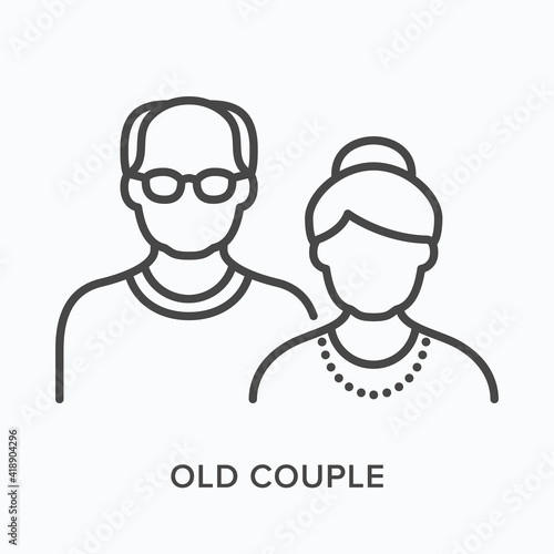 Old couple flat line icon. Vector outline illustration of grandfather and grandmother. Black thin linear pictogram for senior people