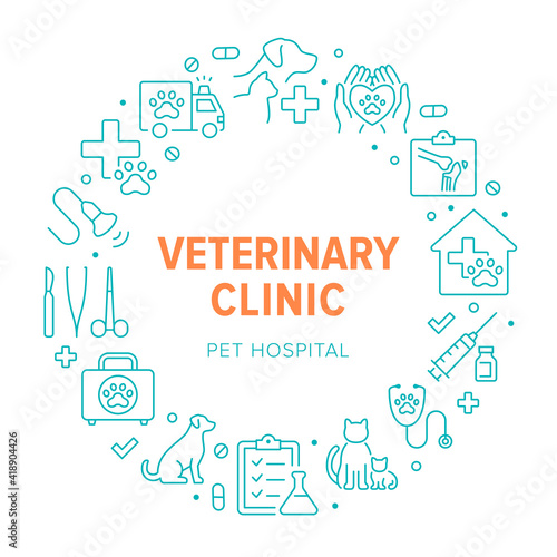 Veterinary clinic circle poster with line icons. Vector illustration included icon as cat, kitten, dog, xray, surgical instruments, hospital, syringe, stethoscope outline pictogram for vet
