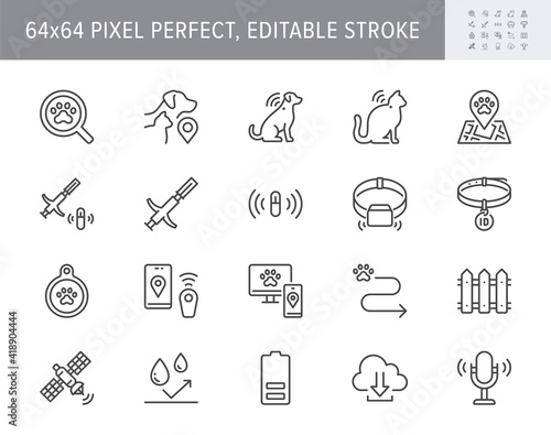 Pet tracking line icons. Vector illustration include icon - trace, collar, microchip, magnifier, battery, dog, cat tracking outline pictogram for animal search. 64x64 Pixel Perfect, Editable Stroke