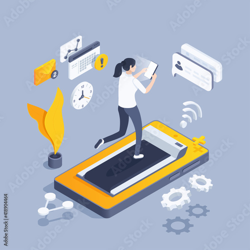isometric vector illustration on gray background, girl running on treadmill and working in smartphone, intensive work pace