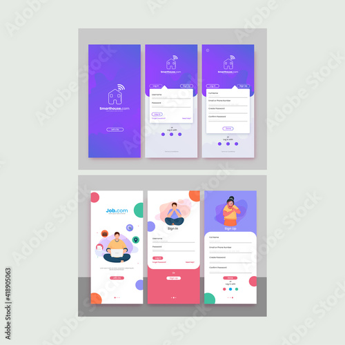 Set Of UI, UX, GUI Screens Job Recruitment And Smart House Or Real Estate App In Two Option.