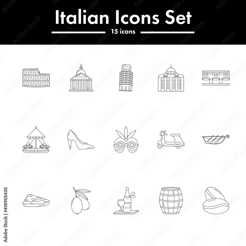 Black Line Art Set of Italian Icon In Flat Design. Black Line Art Set of Italian Icon In Flat Design.