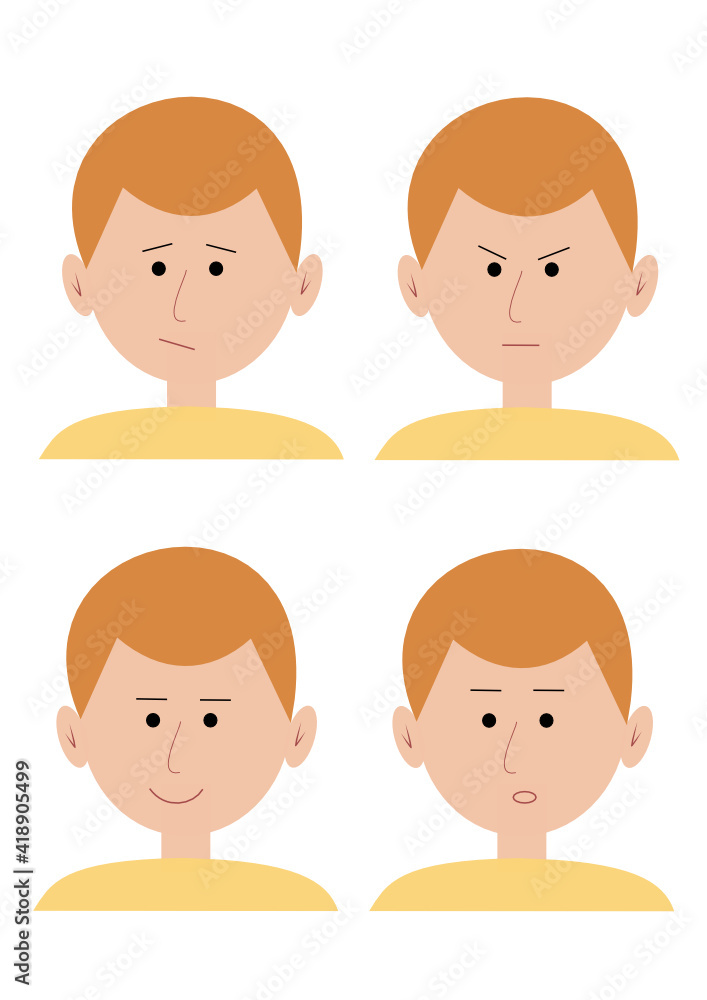 Set of young red-haired guy in a yellow sweater. Emotions. Set of emotions. Joy, anger, surprise, disappointment. Isolated on white background, vector illustration. Set of young red-haired guy in a yellow sweater. Emotions. Set of emotions. Joy, anger, surprise, disappointment. Isolated on white background, vector illustration.