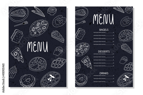 Restaurant, cafe doodle menu template. Various American, Belgian, Italian traditional bakery and pastry. Cartoon banner.