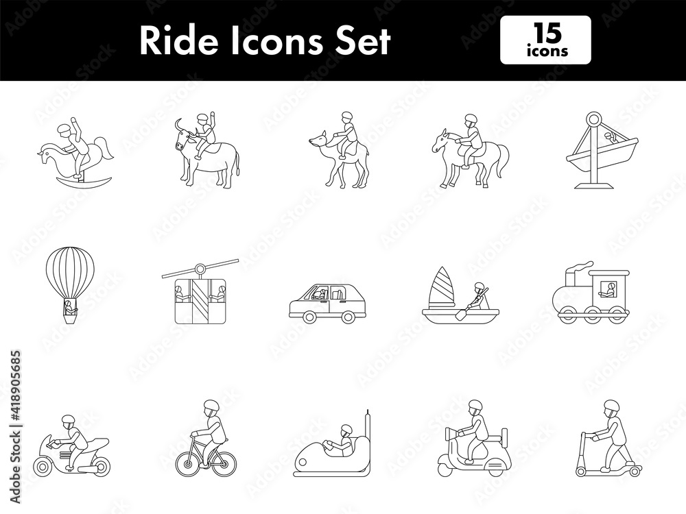 Illustration Of Ride Icon Set In Stroke Style. Illustration Of Ride Icon Set In Stroke Style.