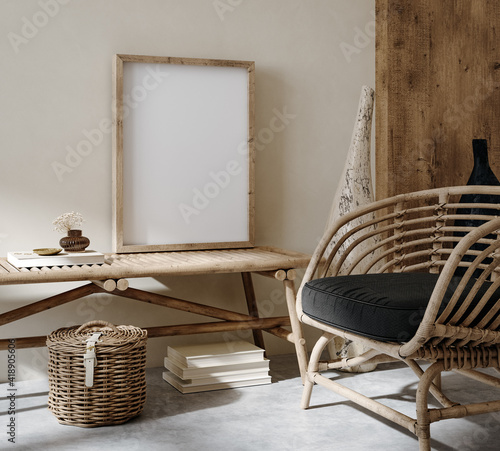 Photo sur Plexiglas Maquette dans l&#39;arrière-plan intérieur de la  maison, salon nomade avec banc et décor, rendu 3d - Nikkel-Art.fr