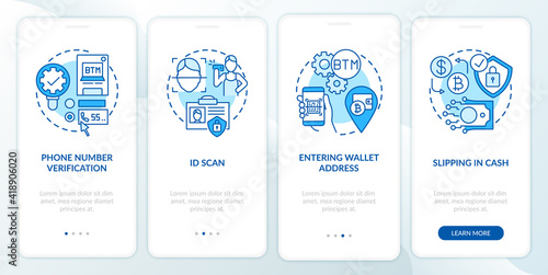 Bitcoin ATM verification steps onboarding mobile app page screen with concepts. Purchasing cash or debit card walkthrough 5 steps graphic instructions. UI vector template with RGB color illustrations