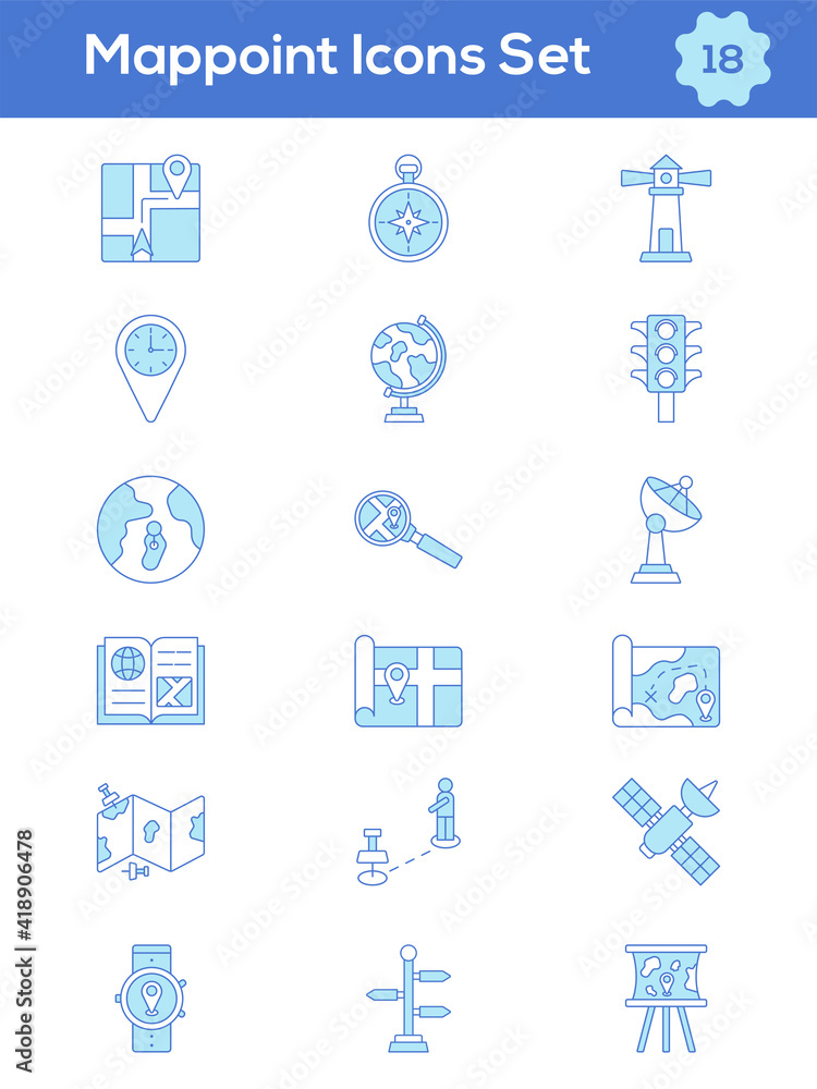 Set Of Mappoint Icon In Blue And White Color.