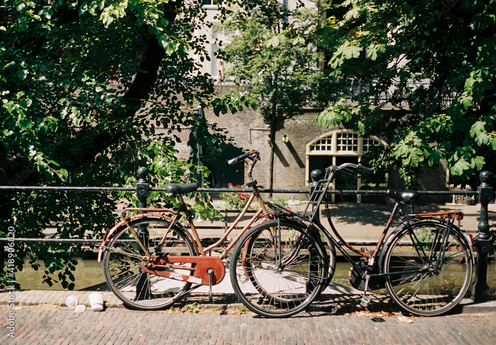 Film photo of bikes on an old canal