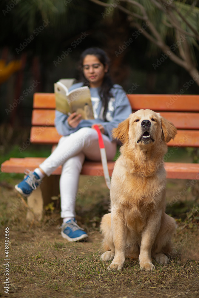 A YOUNG GIRL SITTING ON A PARK BENCH AND READING BOOK WHILE PET DOG SITS NEARBY A YOUNG GIRL SITTING ON A PARK BENCH AND READING BOOK WHILE PET DOG SITS NEARBY