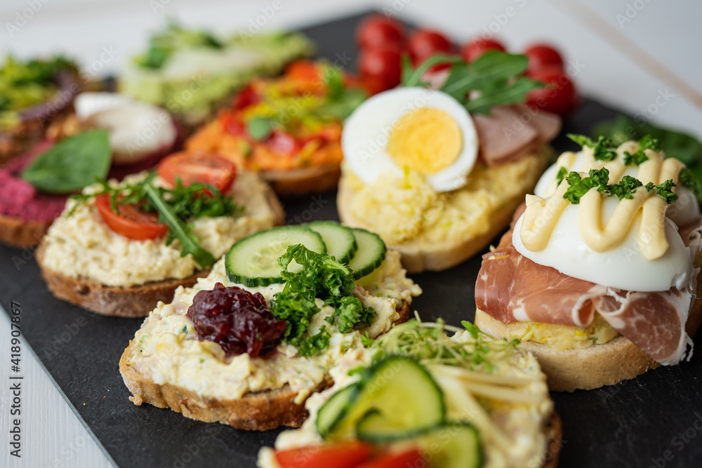 col cut meat egg mayonnaise salad proscuito ham cucumbr cheese open sandwich board selection col cut meat egg mayonnaise salad proscuito ham cucumbr cheese open sandwich board selection