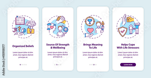 Religious faith value onboarding mobile app page screen with concepts. Source of strength. Meaning of life walkthrough 4 steps graphic instructions. UI vector template with RGB color illustrations