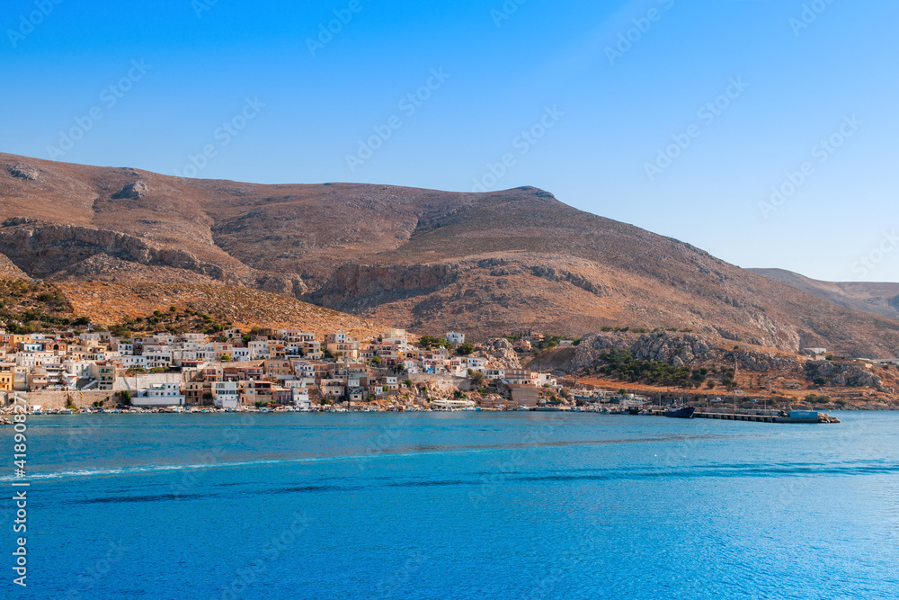 Sunset landscape of the coast and promenade of the island of Kalymnos