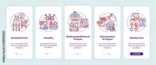 Issues with religion onboarding mobile app page screen with concepts. Identity crisis. Social pressure walkthrough 5 steps graphic instructions. UI vector template with RGB color illustrations