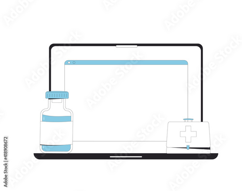 Online medical consultation. Telemedicine. Doctor distant advise. Health care by internet. Healthcare services. Vector illustration.